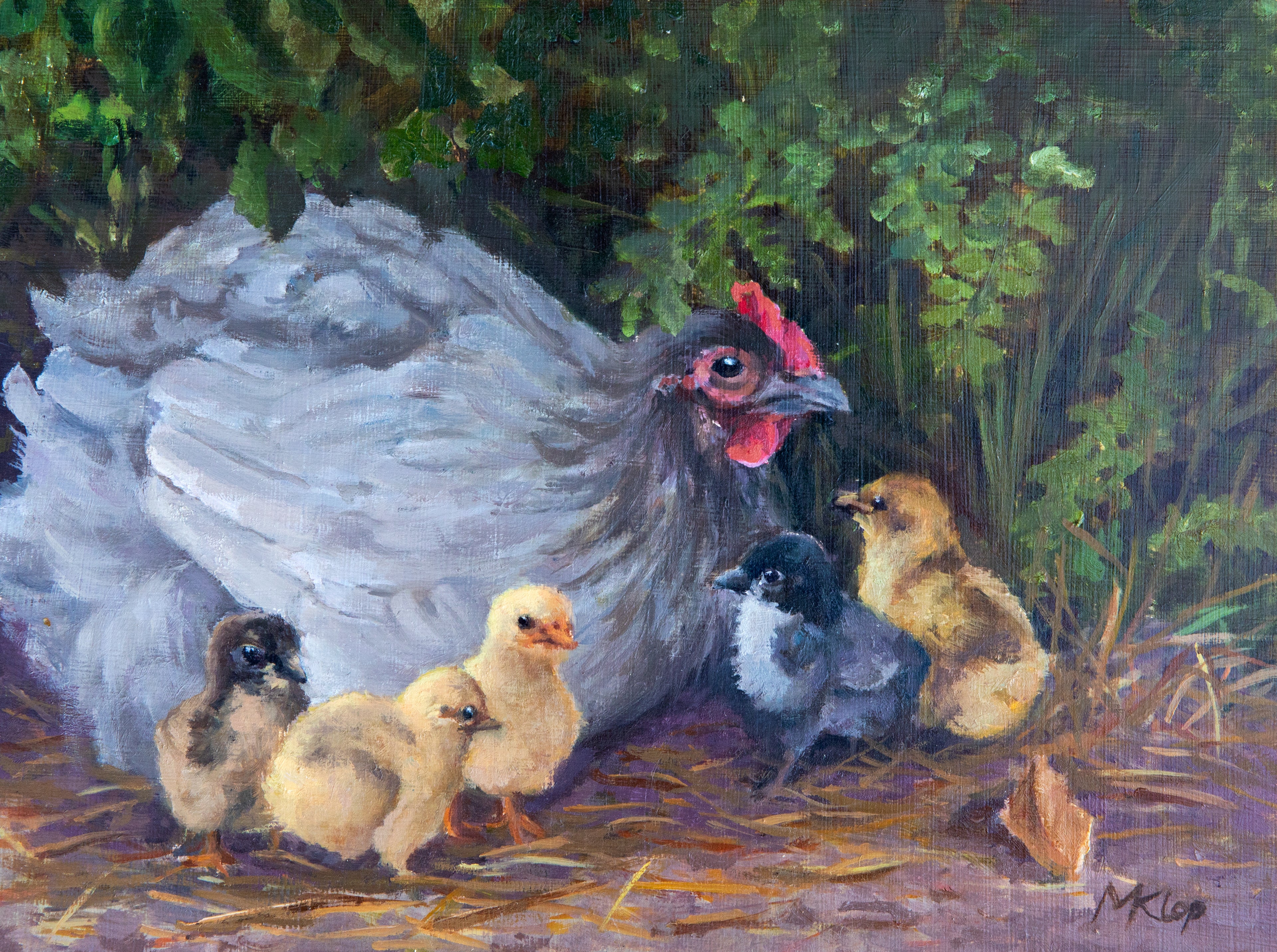 Origineel olieverfschilderij "Bij Moeders Vleugels"